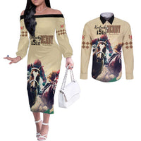 Kentucky Horse Racing 151st Personalized Couples Matching Off The Shoulder Long Sleeve Dress and Long Sleeve Button Shirt Derby Watercolor Style - Cream LT7