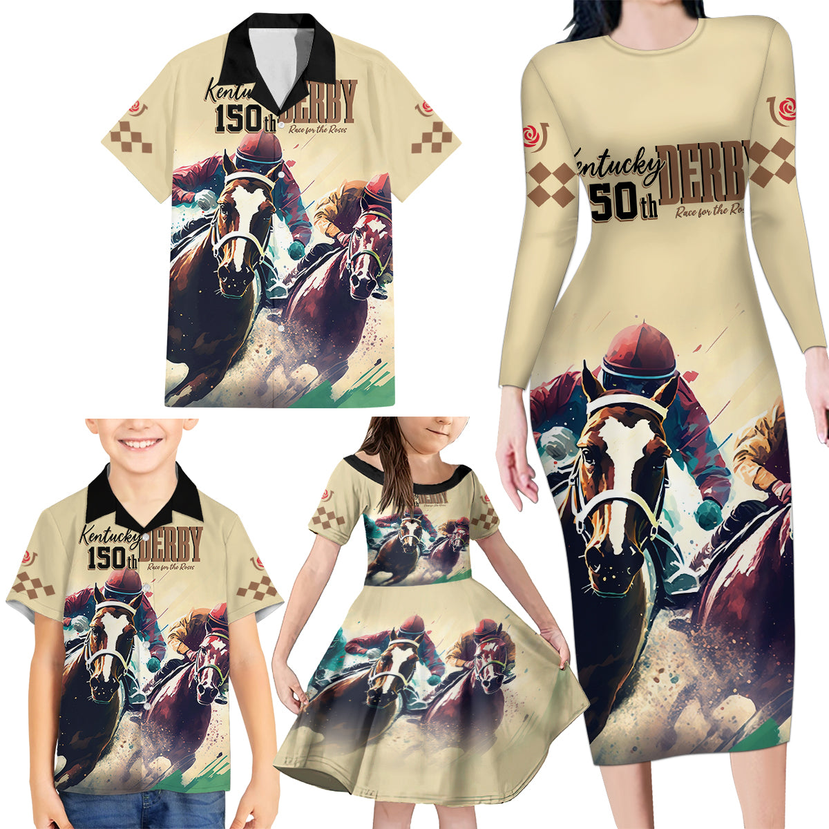 Kentucky Horse Racing 150th Personalized Family Matching Long Sleeve Bodycon Dress and Hawaiian Shirt Derby Watercolor Style - Cream