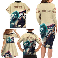 Kentucky Horse Racing 151st Personalized Family Matching Long Sleeve Bodycon Dress and Hawaiian Shirt Derby Watercolor Style - Cream LT7