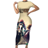 Kentucky Horse Racing 151st Personalized Short Sleeve Bodycon Dress Derby Watercolor Style - Cream LT7