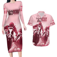 Kentucky Horse Racing 151st Personalized Couples Matching Long Sleeve Bodycon Dress and Hawaiian Shirt Derby Watercolor Style - Pink LT7