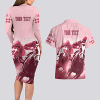 Kentucky Horse Racing 151st Personalized Couples Matching Long Sleeve Bodycon Dress and Hawaiian Shirt Derby Watercolor Style - Pink LT7