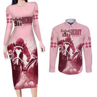 Kentucky Horse Racing 151st Personalized Couples Matching Long Sleeve Bodycon Dress and Long Sleeve Button Shirt Derby Watercolor Style - Pink LT7