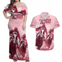 Kentucky Horse Racing 151st Personalized Couples Matching Off Shoulder Maxi Dress and Hawaiian Shirt Derby Watercolor Style - Pink LT7