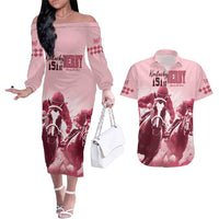 Kentucky Horse Racing 151st Personalized Couples Matching Off The Shoulder Long Sleeve Dress and Hawaiian Shirt Derby Watercolor Style - Pink LT7