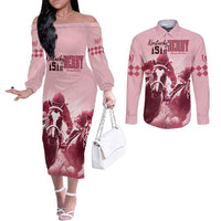 Kentucky Horse Racing 151st Personalized Couples Matching Off The Shoulder Long Sleeve Dress and Long Sleeve Button Shirt Derby Watercolor Style - Pink LT7
