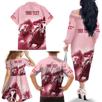 Kentucky Horse Racing 151st Personalized Family Matching Off Shoulder Long Sleeve Dress and Hawaiian Shirt Derby Watercolor Style - Pink LT7