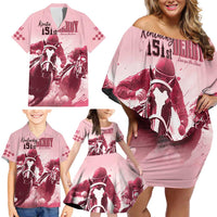 Kentucky Horse Racing 151st Personalized Family Matching Off Shoulder Short Dress and Hawaiian Shirt Derby Watercolor Style - Pink LT7