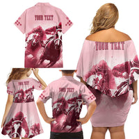 Kentucky Horse Racing 151st Personalized Family Matching Off Shoulder Short Dress and Hawaiian Shirt Derby Watercolor Style - Pink LT7