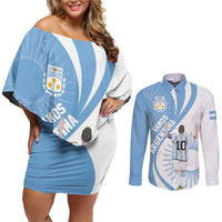 Argentina La Albiceleste Custom Couples Matching Off Shoulder Short Dress and Long Sleeve Button Shirt Vamos Argentina LT7 - Wonder Print Shop