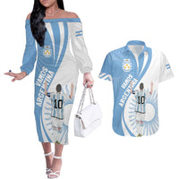 Argentina La Albiceleste Custom Couples Matching Off The Shoulder Long Sleeve Dress and Hawaiian Shirt Vamos Argentina LT7 - Wonder Print Shop