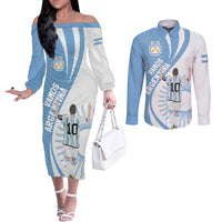 Argentina La Albiceleste Custom Couples Matching Off The Shoulder Long Sleeve Dress and Long Sleeve Button Shirt Vamos Argentina