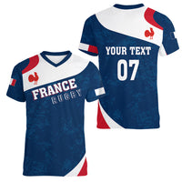 Personalised France Rugby Women V Neck T Shirt World Cup Les Blues Curves Style - Wonder Print Shop