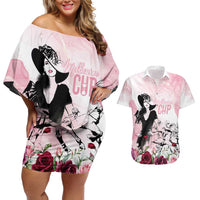 Melbourne Horse Racing Cup Pink Out Derby Couples Matching Off Shoulder Short Dress and Hawaiian Shirt - Wonder Print Shop