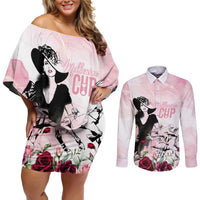 Melbourne Horse Racing Cup Pink Out Derby Couples Matching Off Shoulder Short Dress and Long Sleeve Button Shirt - Wonder Print Shop