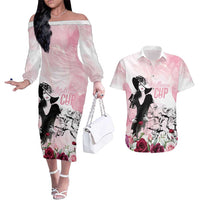 Melbourne Horse Racing Cup Pink Out Derby Couples Matching Off The Shoulder Long Sleeve Dress and Hawaiian Shirt - Wonder Print Shop