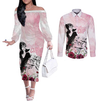Melbourne Horse Racing Cup Pink Out Derby Couples Matching Off The Shoulder Long Sleeve Dress and Long Sleeve Button Shirt - Wonder Print Shop