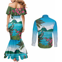 Saint Lucia Island Couples Matching Mermaid Dress and Long Sleeve Button Shirt Pitons Landscape