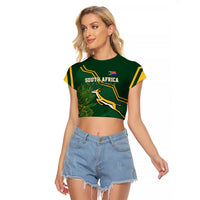 Green cropped raglan T-shirt with yellow trim and front South Africa graphic