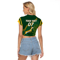 Green cropped raglan T-shirt with yellow back print: 'YOUR TEXT' and 07