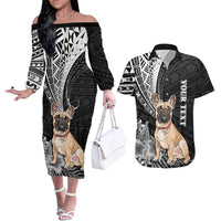 Personalised Polynesian Couples Matching Off The Shoulder Long Sleeve Dress and Hawaiian Shirt Bulldog With Polynesian Patterns LT7 - Wonder Print Shop