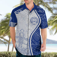 Men's Hawaiian shirt in blue and white with crest logo and button front, short sleeves