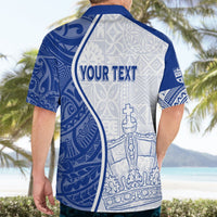 Back of Hawaiian shirt in blue and white with 'YOUR TEXT' and crest artwork