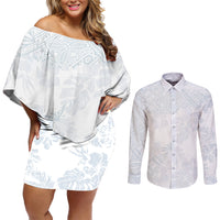Samoa White Sunday Couples Matching Off Shoulder Short Dress and Long Sleeve Button Shirts Hibiscus Special LT7 - Wonder Print Shop