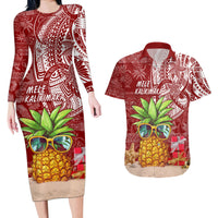 Mele Kalikimaka Hawaii Christmas Couples Matching Long Sleeve Bodycon Dress and Hawaiian Shirt Pineapple Party LT7 - Wonder Print Shop