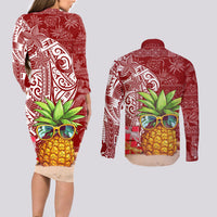Mele Kalikimaka Hawaii Christmas Couples Matching Long Sleeve Bodycon Dress and Long Sleeve Button Shirt Pineapple Party LT7 - Wonder Print Shop