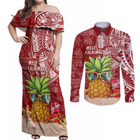 Mele Kalikimaka Hawaii Christmas Couples Matching Off Shoulder Maxi Dress and Long Sleeve Button Shirt Pineapple Party LT7 - Wonder Print Shop