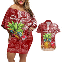 Mele Kalikimaka Hawaii Christmas Couples Matching Off Shoulder Short Dress and Hawaiian Shirt Pineapple Party LT7 - Wonder Print Shop
