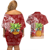 Mele Kalikimaka Hawaii Christmas Couples Matching Off Shoulder Short Dress and Hawaiian Shirt Pineapple Party LT7 - Wonder Print Shop