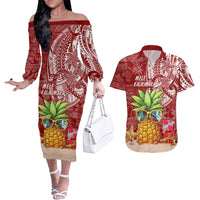 Mele Kalikimaka Hawaii Christmas Couples Matching Off The Shoulder Long Sleeve Dress and Hawaiian Shirt Pineapple Party LT7 - Wonder Print Shop