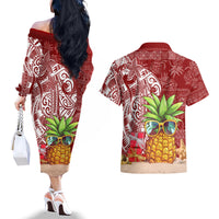 Mele Kalikimaka Hawaii Christmas Couples Matching Off The Shoulder Long Sleeve Dress and Hawaiian Shirt Pineapple Party LT7 - Wonder Print Shop