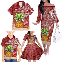 Mele Kalikimaka Hawaii Christmas Family Matching Off Shoulder Long Sleeve Dress and Hawaiian Shirt Pineapple Party - Wonder Print Shop
