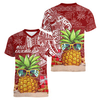 Mele Kalikimaka Hawaii Christmas Women V Neck T Shirt Pineapple Party - Wonder Print Shop
