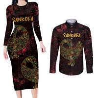 Africa Adinkra Symbol Couples Matching Long Sleeve Bodycon Dress and Long Sleeve Button Shirt Sankofa Bird - Cosmic Red LT7 - Wonder Print Shop