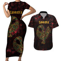 Africa Adinkra Symbol Couples Matching Short Sleeve Bodycon Dress and Hawaiian Shirt Sankofa Bird - Cosmic Red LT7 - Wonder Print Shop