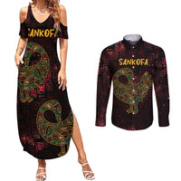 Africa Adinkra Symbol Couples Matching Summer Maxi Dress and Long Sleeve Button Shirt Sankofa Bird - Cosmic Red LT7 - Wonder Print Shop