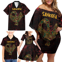 Africa Adinkra Symbol Family Matching Off Shoulder Short Dress and Hawaiian Shirt Sankofa Bird - Cosmic Red LT7 - Wonder Print Shop