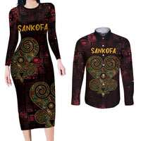 Africa Adinkra Symbol Couples Matching Long Sleeve Bodycon Dress and Long Sleeve Button Shirt Sankofa Heart - Cosmic Red LT7 - Wonder Print Shop