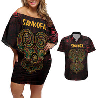 Africa Adinkra Symbol Couples Matching Off Shoulder Short Dress and Hawaiian Shirt Sankofa Heart - Cosmic Red LT7 - Wonder Print Shop