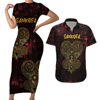 Africa Adinkra Symbol Couples Matching Short Sleeve Bodycon Dress and Hawaiian Shirt Sankofa Heart - Cosmic Red LT7 - Wonder Print Shop
