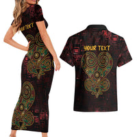 Africa Adinkra Symbol Couples Matching Short Sleeve Bodycon Dress and Hawaiian Shirt Sankofa Heart - Cosmic Red LT7 - Wonder Print Shop
