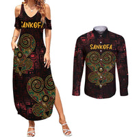 Africa Adinkra Symbol Couples Matching Summer Maxi Dress and Long Sleeve Button Shirt Sankofa Heart - Cosmic Red LT7 - Wonder Print Shop
