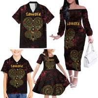Africa Adinkra Symbol Family Matching Off The Shoulder Long Sleeve Dress and Hawaiian Shirt Sankofa Heart - Cosmic Red - Wonder Print Shop