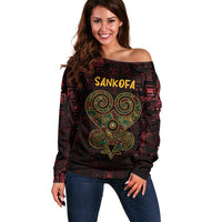 Africa Adinkra Symbol Off Shoulder Sweater Sankofa Heart - Cosmic Red - Wonder Print Shop
