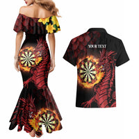Wales Darts Personalised Couples Matching Mermaid Dress and Hawaiian Shirt Red Dragon Cymru Am Byth