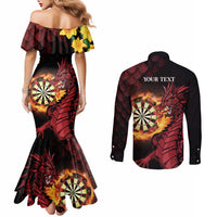 Wales Darts Personalised Couples Matching Mermaid Dress and Long Sleeve Button Shirt Red Dragon Cymru Am Byth